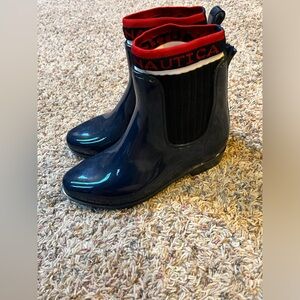 nautica womens loytan navy blue logo sock chelsea boots